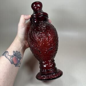 Vintage Wheaton Ruby Red Glass Lidded Apothecary Jar w/ Embossed Eagle Design
